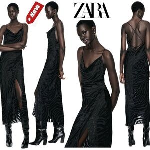 Zara black zebra animal jacquard satin effect midi slip dress Sz M NWT